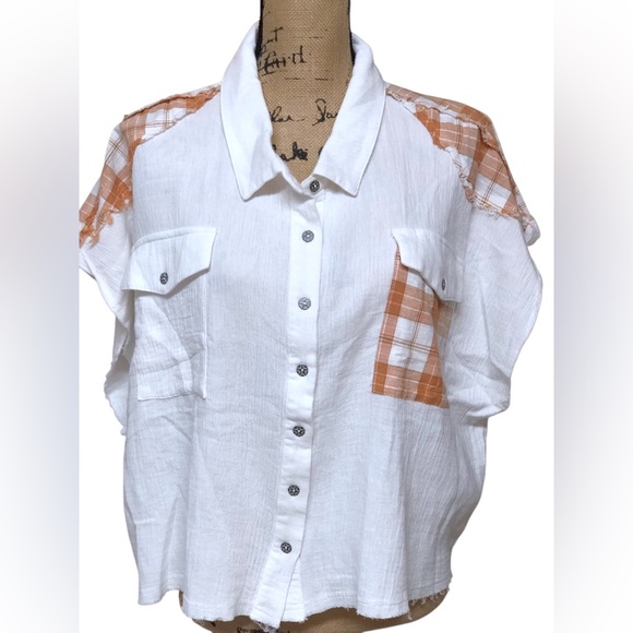 POL Tops - POL 2XL BNWOT Plaid Accent Off White Boho/Casual Button Up Top🌻